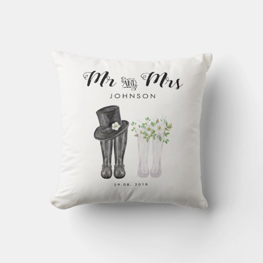 Coussin Aquarelle M & Mme avec chapeau, fleurs et bottes (Recto)