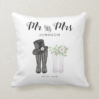 Coussin Aquarelle M & Mme avec chapeau, fleurs et bottes