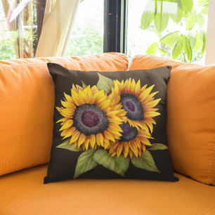 Coussin Aquarelle marine orange gros tournesols