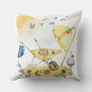 Coussin Aquarelle mignonne Cottagecore Jaune sur blanc