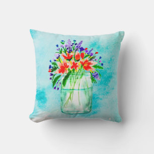 Coussin Aquarelle mignonne Mason Jar Peach Purple Fleurs