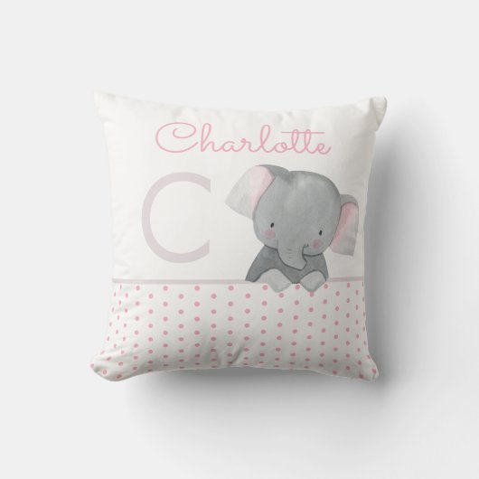 Coussin Aquarelle mignonne Monogramme éléphant bébé fille (Recto)