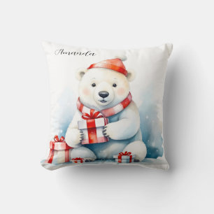 Coussin Aquarelle mignonne Ours blanc blanc Noël
