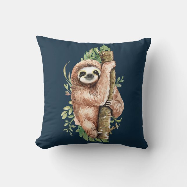 Coussin Aquarelle mignonne Sloth & Feuilles tropicaux (Recto)