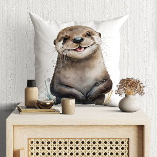Coussin Aquarelle mignonne souriante Bonne Otter