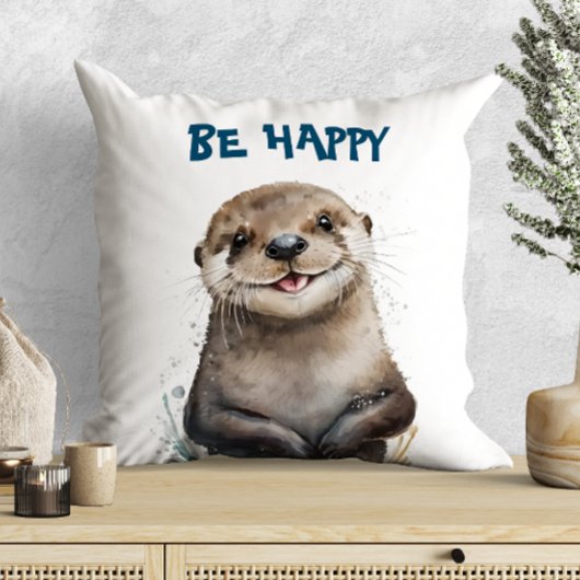 Coussin Aquarelle mignonne souriante Bonne Otter
