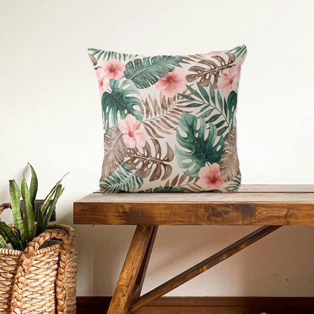 Coussin Aquarelle moderne Boho Tropical Floral (Créateur téléchargé)