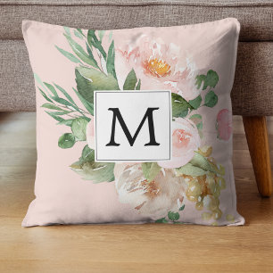 Coussin Aquarelle moderne Fleurs roses Monogrammes