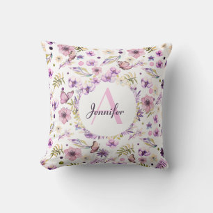 Coussin Aquarelle moderne Floral Monogrammé Fille Blanc
