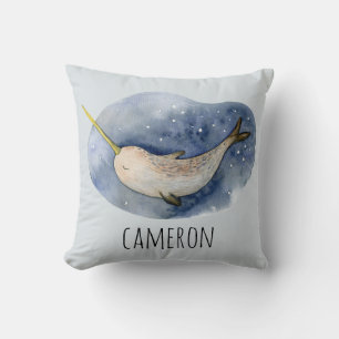 Coussin Aquarelle moderne Narwhal Blue Ocean Personnalisé