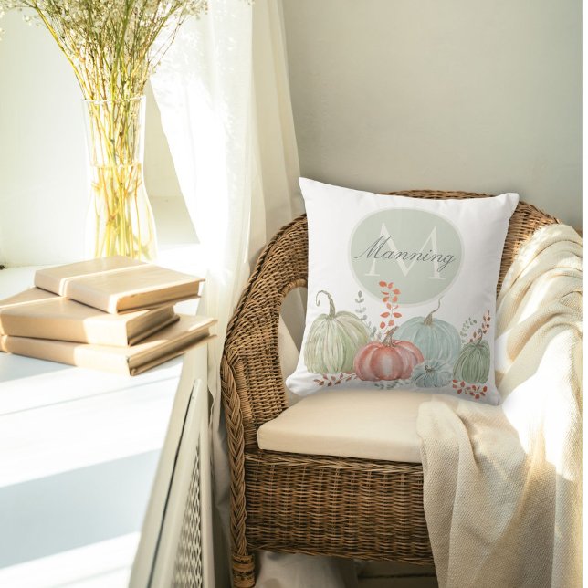 Coussin Aquarelle Monogramme Automne Citrouilles (Créateur téléchargé)