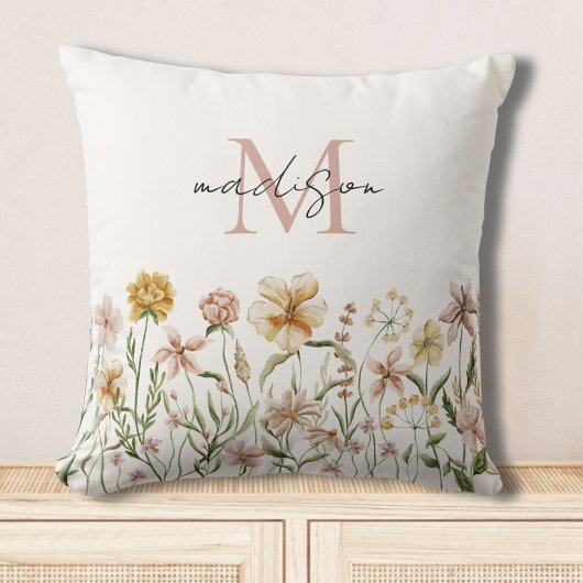 Coussin Aquarelle monogramme Fleur sauvage Floral de prair
