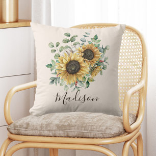 Coussin Aquarelle monogramme Vintage Tournesol rustique