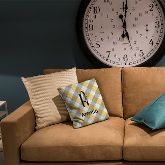 Coussin Aquarelle monographique en vichy motif gris jaune