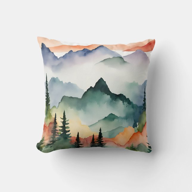 Coussin Aquarelle Montagnes Arbres Automne (Recto)