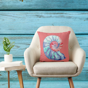 Coussin Aquarelle Nautilus Shell en bleu corail et gris