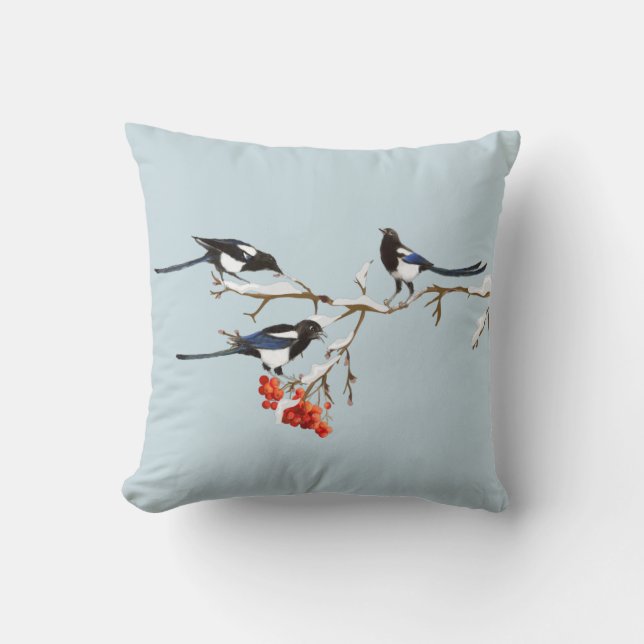 Coussin Aquarelle Noël Holly Magpie Oiseau Nature Art (Recto)