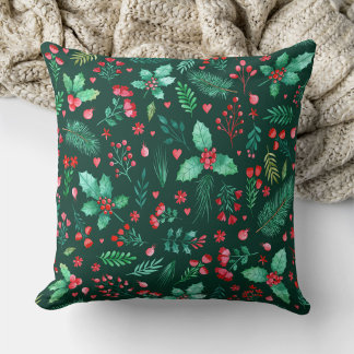 Coussin Aquarelle Noël Holly Red Berries Floral