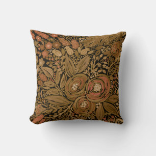 Coussin aquarelle noir brun motif floral noir, brun
