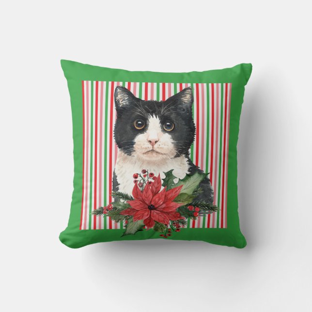 Coussin Aquarelle Noir et Blanc Chat et Poinsettia (Recto)