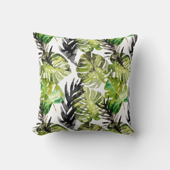 Coussin Aquarelle Noir Vert Tropical Feuille Motif (Recto)
