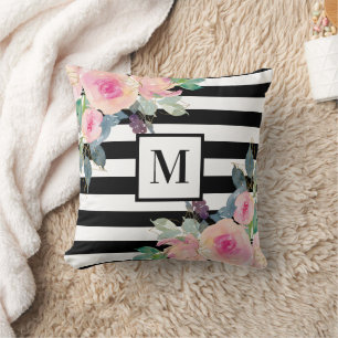 Coussin Aquarelle noire blanche rayée rose Monogramme flor