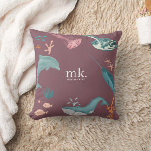 Coussin Aquarelle Océan Animaux de mer Monogramme Dusty ro