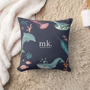 Coussin Aquarelle Océan Animaux marins Monogramme Bleu