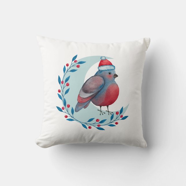 Coussin Aquarelle Oiseau bleu de Noël sur la lune (Recto)