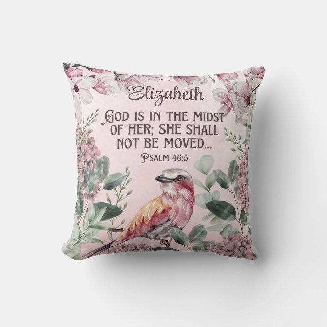 Coussin Aquarelle Oiseau Fleurs Écriture Chrétienne Nom (Recto)