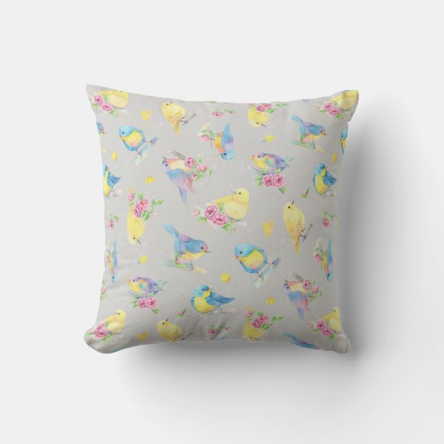 Coussin Aquarelle Oiseaux et fleurs Motif dessiné à la mai (Recto)