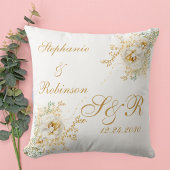 Coussin Aquarelle or blanc Floral Mariage Monogramme