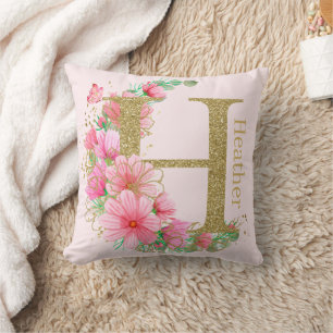 Coussin Aquarelle Or et Monogramme Floral Lettre H