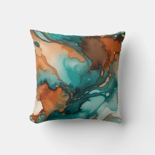 Coussin Aquarelle orange brûlée, turquoise, rouille et noi