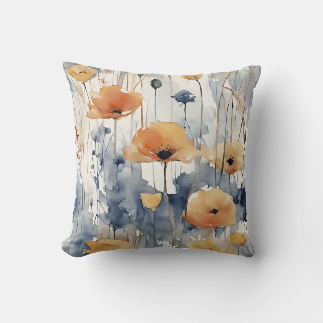 Coussin Aquarelle Orange Fleurs Blue Indigo Design 347 (Recto)