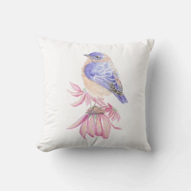 Coussin Aquarelle originale Bluebird sur Echinacea Flower (Recto)