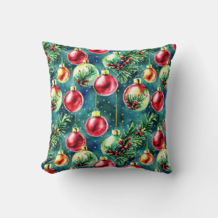 Coussin Aquarelle ornements de Noël, rouge et vert Turquoi