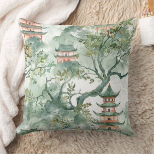 Coussin Aquarelle Pagode asiatique dans paysage verdoyant 