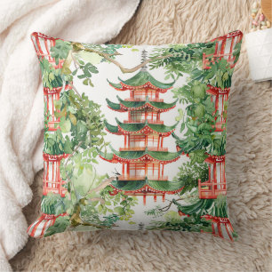 Coussin Aquarelle Pagode asiatique dans paysage verdoyant 