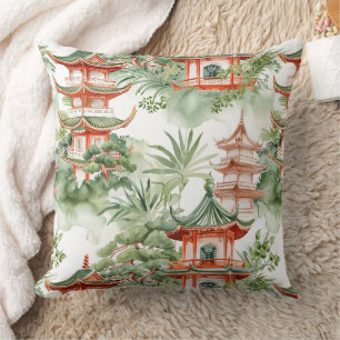 Coussin Aquarelle Pagode asiatique dans paysage verdoyant 