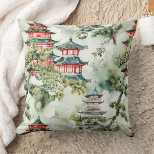 Coussin Aquarelle Pagode asiatique dans paysage verdoyant 