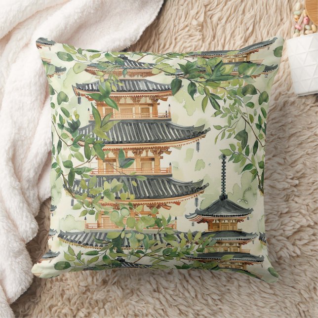 Coussin Aquarelle Pagode asiatique dans paysage verdoyant  (Couverture)