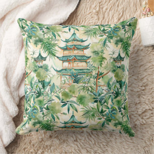 Coussin Aquarelle Pagode asiatique dans paysage verdoyant 