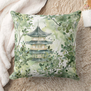 Coussin Aquarelle Pagode asiatique dans paysage verdoyant 