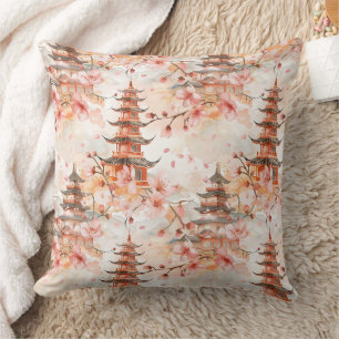 Coussin Aquarelle Pagode chinoise avec fleurs de cerisiers