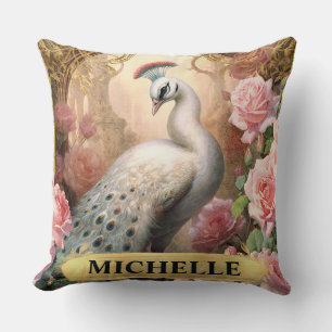 Coussin Aquarelle Paon Blanc Vintage et Roses Roses