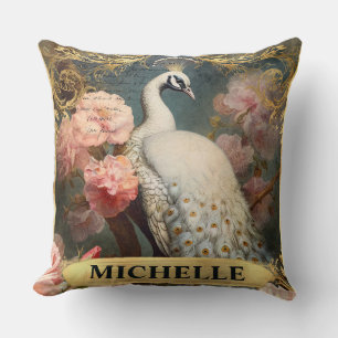 Coussin Aquarelle Paon Blanc Vintage et Roses Roses