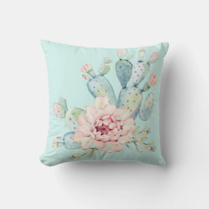 Coussin Aquarelle Pastel Cactus et Fleur rose