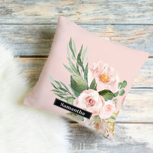 Coussin Aquarelle Pastel Pink moderne Fleurs & Nom