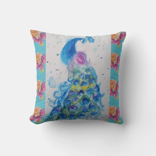 Coussin Aquarelle Peacock Blue Bird Aqua Rose Cushion (Recto)